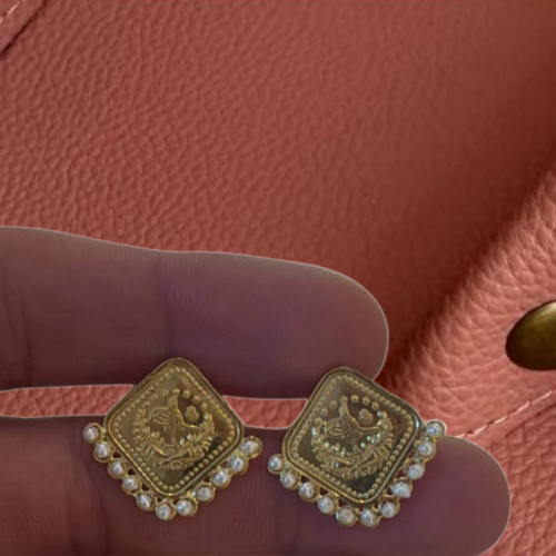 Bent 1/4 Lira Earrings with Pearl push 